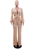 Apricot Fashion Casual Solid Hollowed Out V Neck Regular Jumpsuits