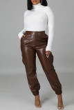 Brown Fashion Casual Solid Basic Regular High Waist Conventional Solid Color Bottoms