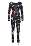 Multi-color Sexy Print Hollowed Out Split Joint Frenulum O Neck Regular Jumpsuits