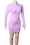 Purple Fashion Casual Solid Bandage Hollowed Out O Neck Long Sleeve Dresses