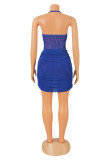 Blue Fashion Sexy Solid Backless Fold Halter Sleeveless Two Pieces