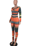 Yellow Sexy Print Hollowed Out Patchwork Asymmetrical Collar Long Sleeve Two Pieces
