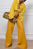Yellow Fashion Casual Solid Basic Regular High Waist Wide Leg Trousers