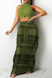 Green Fashion Casual Print Tassel Half A Turtleneck Sleeveless Two Pieces