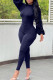 Navy Blue Sexy Solid Patchwork Backless O Neck Regular Jumpsuits
