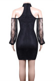 Black Fashion Sexy Patchwork Solid Backless Half A Turtleneck Sleeveless Dress
