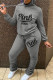 Grey Casual Letter Fold Hooded Collar Long Sleeve Two Pieces