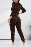 Coffee Fashion Casual Solid Cardigan Pants Hooded Collar Long Sleeve Two Pieces