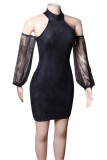Black Fashion Sexy Patchwork Solid Backless Half A Turtleneck Sleeveless Dress