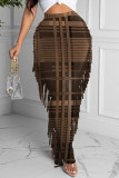 Orange Fashion Casual Plaid Print Tassel Regular High Waist Skirt