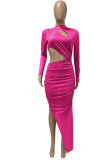 Champagne Sexy Solid Hollowed Out Patchwork Slit O Neck One Step Skirt Dresses
