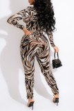 Multicolor Fashion Sexy Print Bandage Hollowed Out Turndown Collar Long Sleeve Two Pieces