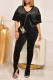Black Casual Solid Patchwork V Neck Half Sleeve Two Pieces