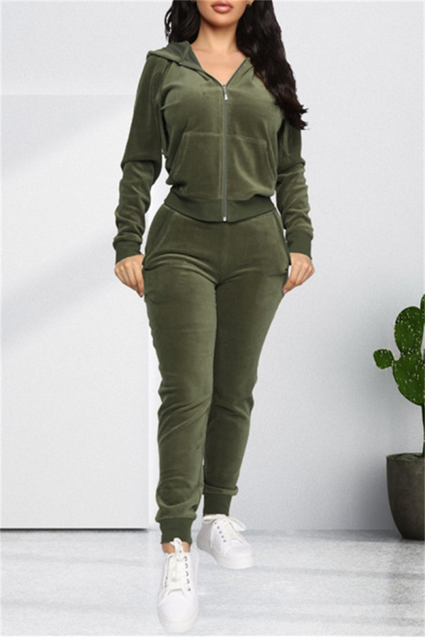Army Green Fashion Casual Solid Cardigan Pants Hooded Collar Long Sleeve Two Pieces