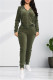 Army Green Fashion Casual Solid Cardigan Pants Hooded Collar Long Sleeve Two Pieces