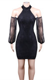 Black Fashion Sexy Patchwork Solid Backless Half A Turtleneck Sleeveless Dress