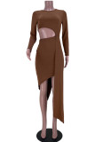 Brown Fashion Sexy Solid Hollowed Out O Neck Long Sleeve Irregular Dress