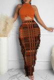 Green Fashion Casual Print Tassel Half A Turtleneck Sleeveless Two Pieces