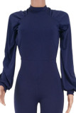Navy Blue Sexy Solid Patchwork Backless O Neck Regular Jumpsuits