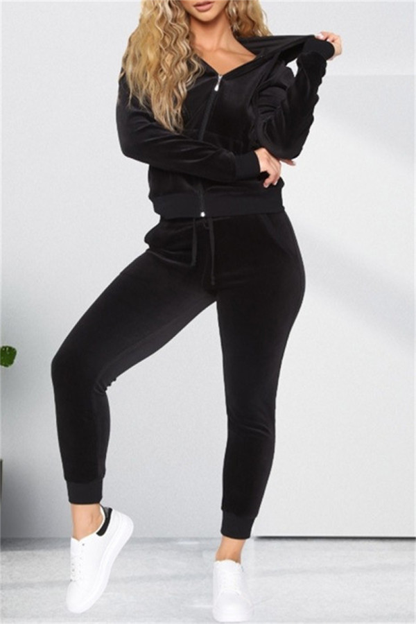 Black Fashion Casual Solid Cardigan Pants Hooded Collar Long Sleeve Two Pieces