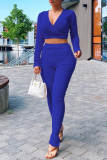 Blue Fashion Casual Solid Fold V Neck Long Sleeve Two Pieces