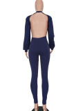 Navy Blue Sexy Solid Patchwork Backless O Neck Regular Jumpsuits