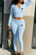 Sky Blue Fashion Sportswear Print Patchwork Hooded Collar Long Sleeve Two Pieces