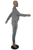 Grey Casual Print Patchwork O Neck Long Sleeve Two Pieces