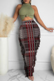 Orange Fashion Casual Plaid Print Tassel Regular High Waist Skirt