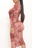 Brick Red Fashion Casual Print Basic O Neck Long Sleeve Dresses