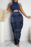 Green Fashion Casual Print Tassel Half A Turtleneck Sleeveless Two Pieces