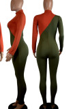 Green Sexy Solid Patchwork Zipper Turtleneck Regular Jumpsuits