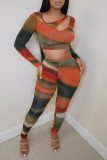 Yellow Sexy Print Hollowed Out Patchwork Asymmetrical Collar Long Sleeve Two Pieces