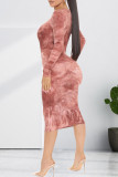 Brick Red Fashion Casual Print Basic O Neck Long Sleeve Dresses
