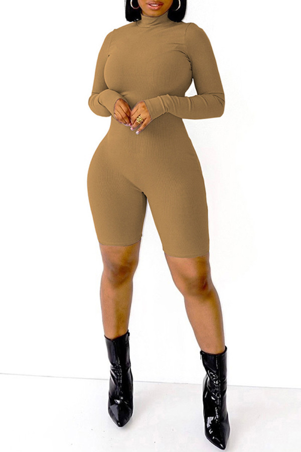 Khaki Fashion Casual Solid Basic Turtleneck Skinny Romper