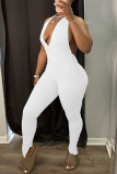 White Sexy Solid Backless Halter Straight Jumpsuits