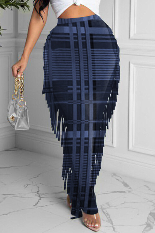 Blue Fashion Casual Plaid Print Tassel Regular High Waist Skirt