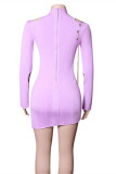 Purple Fashion Casual Solid Bandage Hollowed Out O Neck Long Sleeve Dresses