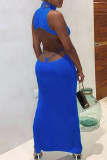 Blue Fashion Sexy Solid Slit Turtleneck Sleeveless Dress
