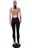 Black Sexy Solid Backless Halter Straight Jumpsuits