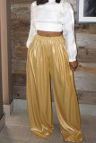 Yellow Fashion Casual Solid Basic Regular High Waist Wide Leg Trousers