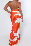 Orange Fashion Casual Print Backless One Shoulder Long Dress