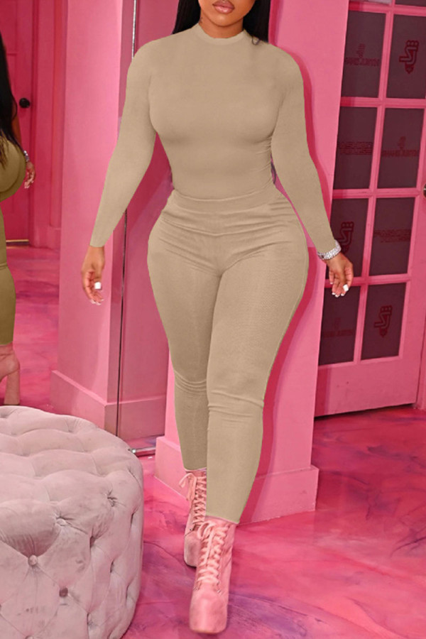 Khaki Sexy Solid Patchwork O Neck Long Sleeve Two Pieces