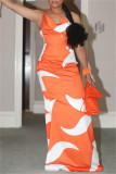 Orange Fashion Casual Print Backless One Shoulder Long Dress