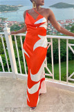 Orange Fashion Casual Print Backless One Shoulder Long Dress