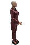 Wine Red Street Solid Patchwork Turndown Collar Long Sleeve Two Pieces