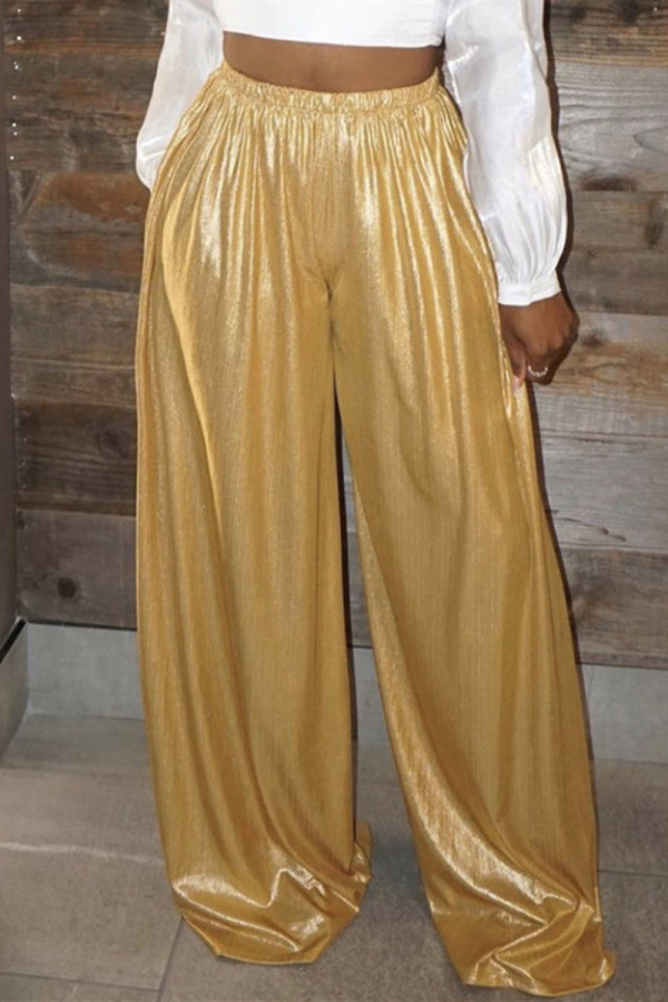 Yellow Fashion Casual Solid Basic Regular High Waist Wide Leg Trousers