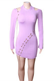 Purple Fashion Casual Solid Bandage Hollowed Out O Neck Long Sleeve Dresses