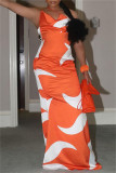 Orange Fashion Casual Print Backless One Shoulder Long Dress