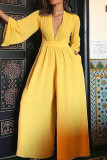 Yellow Casual Solid Patchwork V Neck Loose Jumpsuits